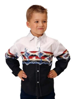 Roper Boys Border Print Snap Shirt -Equestrian Supplies Store boys rider border ls black front 0303004210400 roper 07874.1663122857