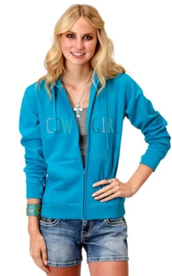 Roper Cowgirl Zip Hoodie With Thumb Holes -Equestrian Supplies Store cowgirl hoodie thumb holes blue front 0309805144033 roper 38109.1653413363