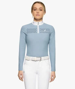Girls Cavalleria Toscana Flock Dot Polo Long Sleeve -Equestrian Supplies Store girls flock dot polo blue front POA077 JE152 7C00 CT 36963.1659719955