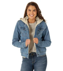 Wrangler Women's Denim Sherpa Hooded Jacket -Equestrian Supplies Store hood denim jacket sherpa denim front 112317280 wrangler 77406.1663189613