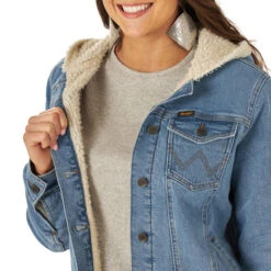 Wrangler Women's Denim Sherpa Hooded Jacket -Equestrian Supplies Store hood denim jacket sherpa denim sherpa detail 112317280 wrangler 62556.1663189620