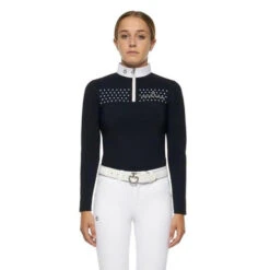 Girls Cavalleria Toscana Flock Dot Polo Long Sleeve -Equestrian Supplies Store kid flock print polo navy front POA077 JE152 7901 cavalleria toscana 99751.1656797677
