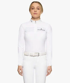 Girls Cavalleria Toscana Flock Dot Polo Long Sleeve -Equestrian Supplies Store kid flock print polo ss white front POA077 JE152 0001 34149.1659719971