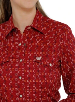 Cinch Ladies Print Snap Shirt -Equestrian Supplies Store lds cinch print shirt ls red detail MSW9201036 cinch 63033.1677544060