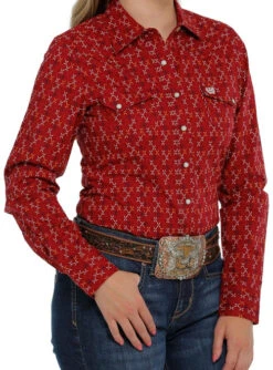 Cinch Ladies Print Snap Shirt -Equestrian Supplies Store lds cinch print shirt ls red side MSW9201036 cinch 24436.1677543980