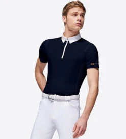 Men's RG Zip Competition Polo Short Sleeve -Equestrian Supplies Store mens competition zip polo ss navy front POM005 JS001 7901 cavalleria toscana 11545.1670292336
