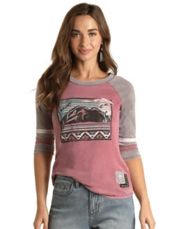 Panhandle Mountains Baseball Tee -Equestrian Supplies Store mountains baseball tee mauve front WLWT21RZI2 rock and roll 70103.1655579963