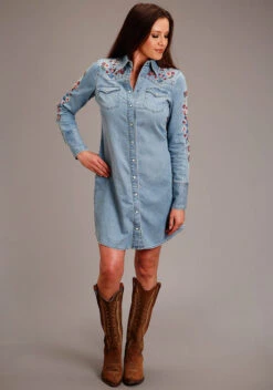 Stetson Southwest Embroidered Denim Dress -Equestrian Supplies Store southwest embroidered dress denim front 1105705942010 stetson 72548.1678230659