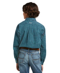 Boys Ariat Declan Stretch Shirt -Equestrian Supplies Store youth declan stretch LS deep pacific back 10039568 ariat 87320.1645570631