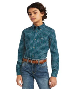 Boys Ariat Declan Stretch Shirt -Equestrian Supplies Store youth declan stretch LS deep pacific front 10039568 ariat 43422.1645570799
